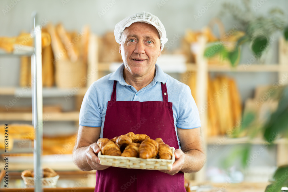 Mature man seller holding basket with fresh croissants in bakery Mature man seller holding basket with fresh croissants in bakery