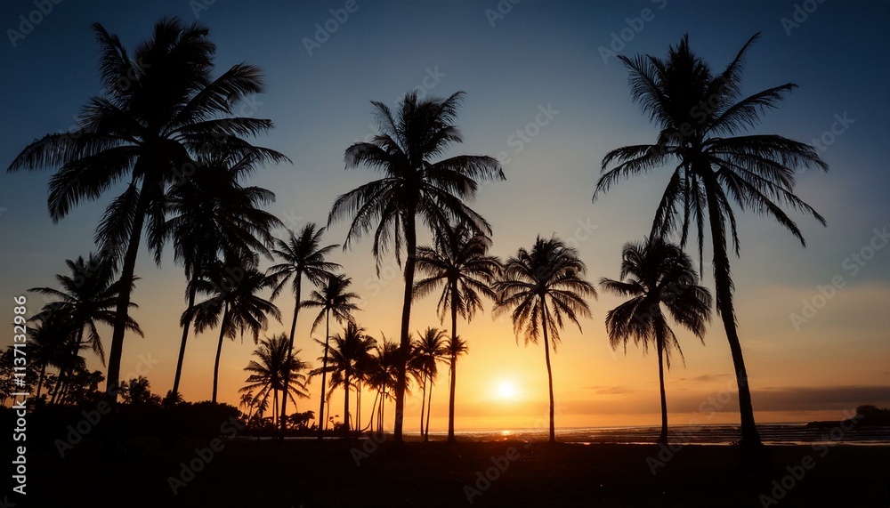 Silhouetted palm trees on a beach at sunset. Silhouetted palm trees on a beach at sunset.