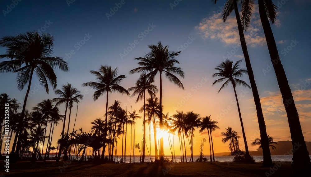 Silhouetted palm trees at sunset, creating a stunning tropical scene. Silhouetted palm trees at sunset, creating a stunning tropical scene.