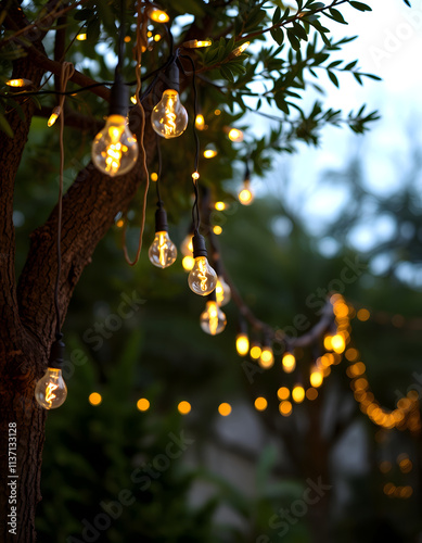 Decorative outdoor string  lights hanging on tree, realistic, with white tones