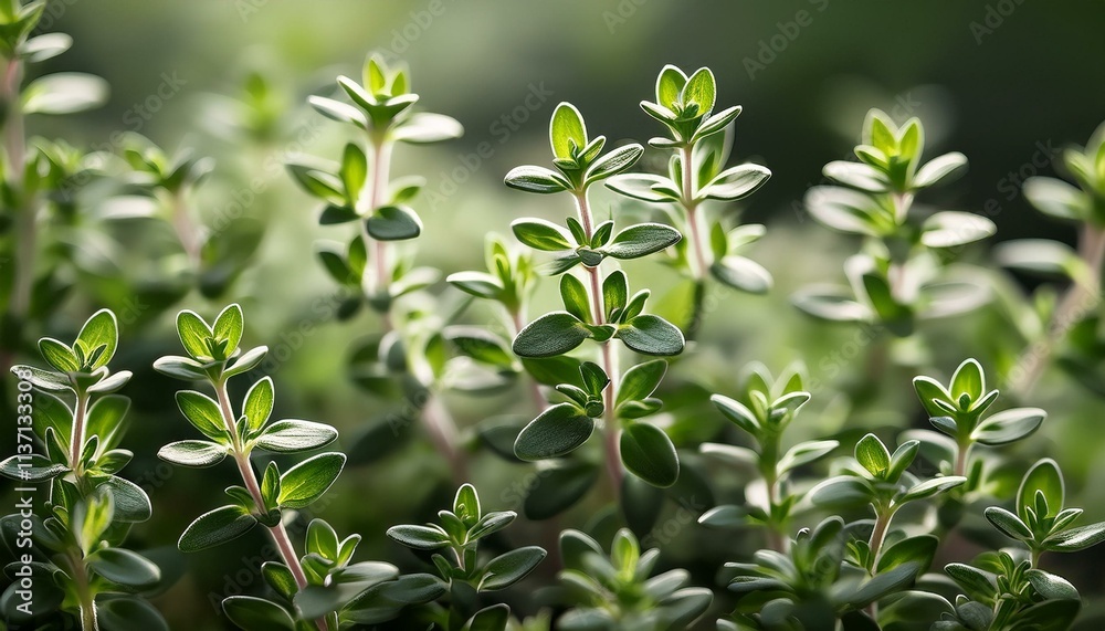 Close-up of vibrant green thyme plants bathed in soft sunlight. Close-up of vibrant green thyme plants bathed in soft sunlight.