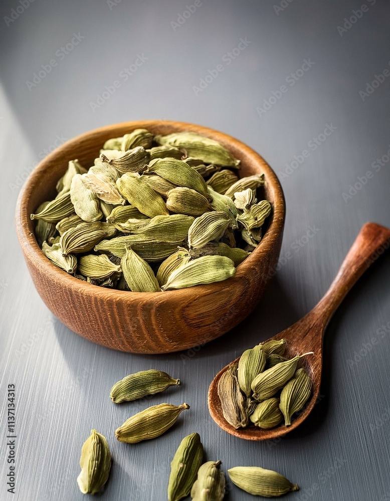 Green cardamom pods in a wooden bowl and spoon. Aromatic spice. Green cardamom pods in a wooden bowl and spoon. Aromatic spice.