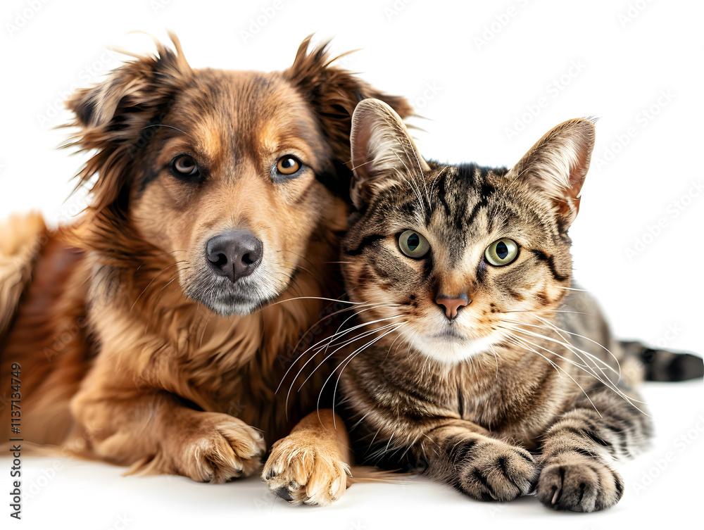 adorable dog and cat cuddling together on a white background adorable dog and cat cuddling together on a white background