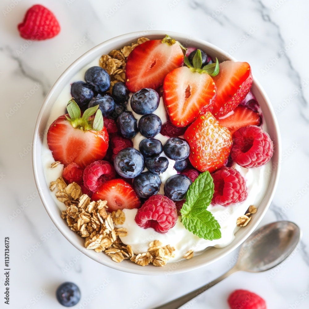 A bowl of vibrant mixed berry smoothie topped with granola and coconut flakes, Centered in a clear glass bowl, Overhead view with bright natural lighting A bowl of vibrant mixed berry smoothie topped with granola and coconut flakes, Centered in a clear glass bowl, Overhead view with bright natural lighting