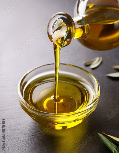 Golden olive oil pours into a glass bowl, glistening on a dark surface. photo