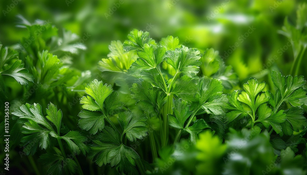 Vibrant green parsley leaves in lush garden setting. Vibrant green parsley leaves in lush garden setting.