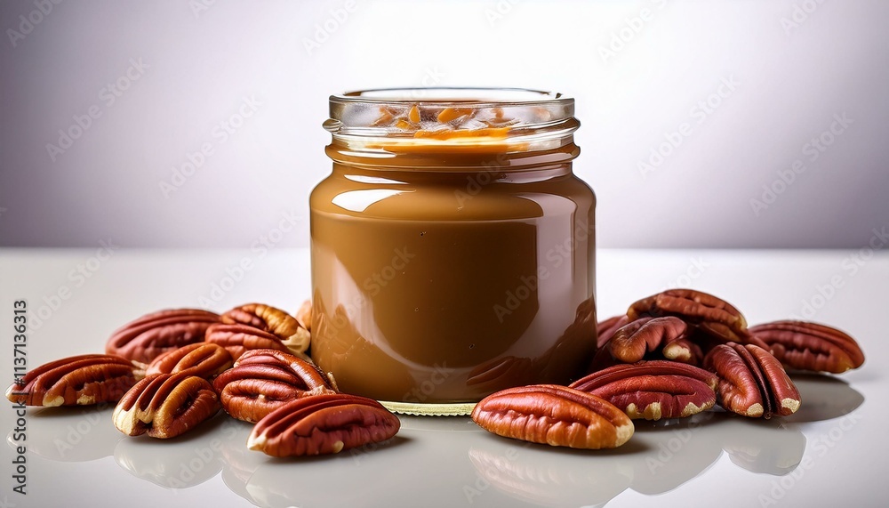 Sweet pecan butter in a glass jar with fresh pecans.