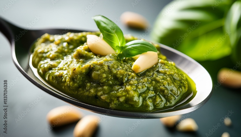 Spoonful of vibrant pesto, garnished with basil and pine nuts. Spoonful of vibrant pesto, garnished with basil and pine nuts.