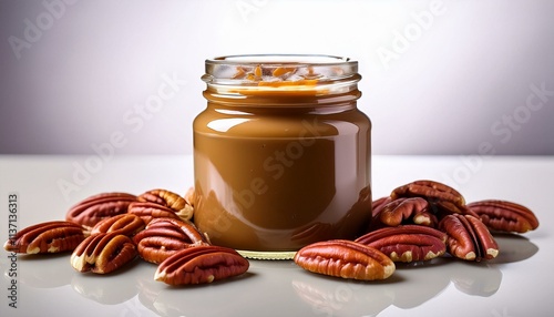 Obraz na płótnie Sweet pecan butter in a glass jar with fresh pecans. w salonie