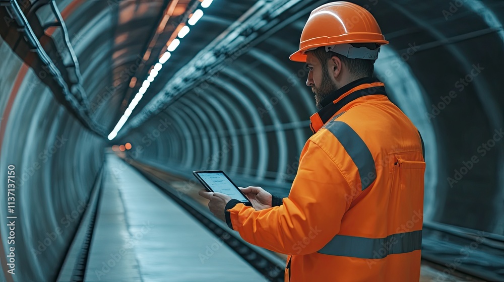 A professional engineer in an orange safety jacket and hard hat, using a tablet to monitor the construction of a subway tunnel project A professional engineer in an orange safety jacket and hard hat, using a tablet to monitor the construction of a subway tunnel project