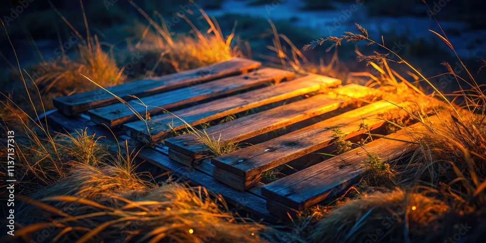 Rustic pallet, overgrown, bathed in low night light, dry grass surrounds. Rustic pallet, overgrown, bathed in low night light, dry grass surrounds.