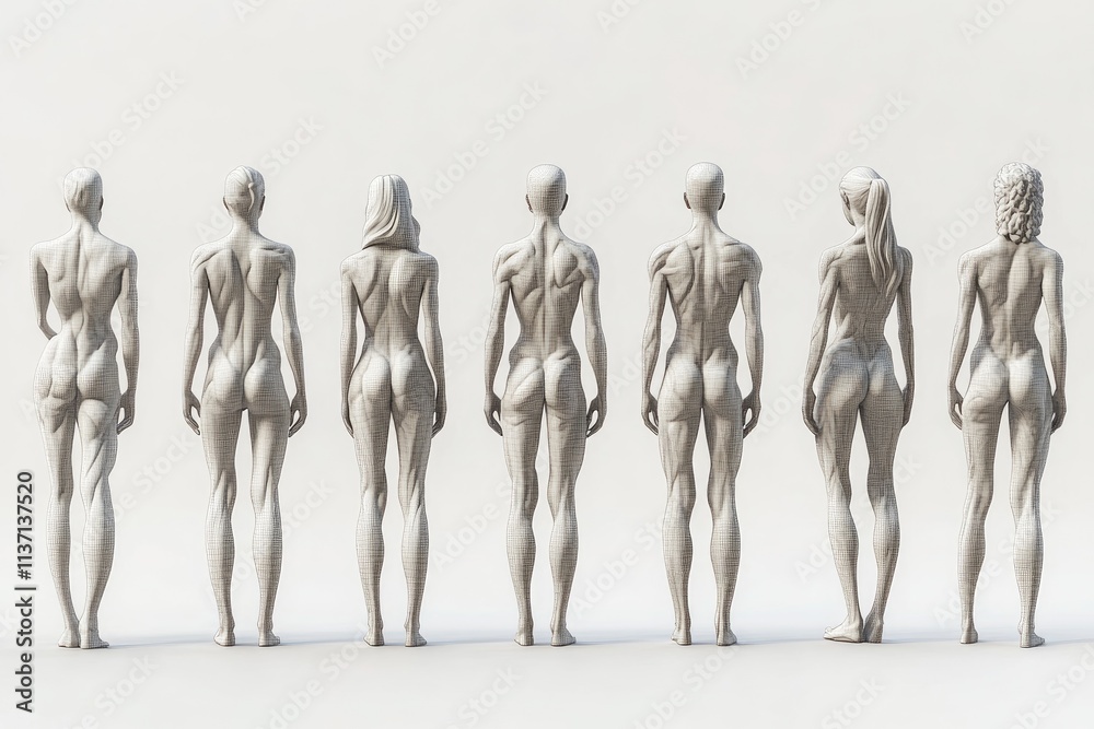 Seven Female Anatomy Models Pose Backwards Showing Muscle Structure and Skeletal Details in 3D Render Seven Female Anatomy Models Pose Backwards Showing Muscle Structure and Skeletal Details in 3D Render