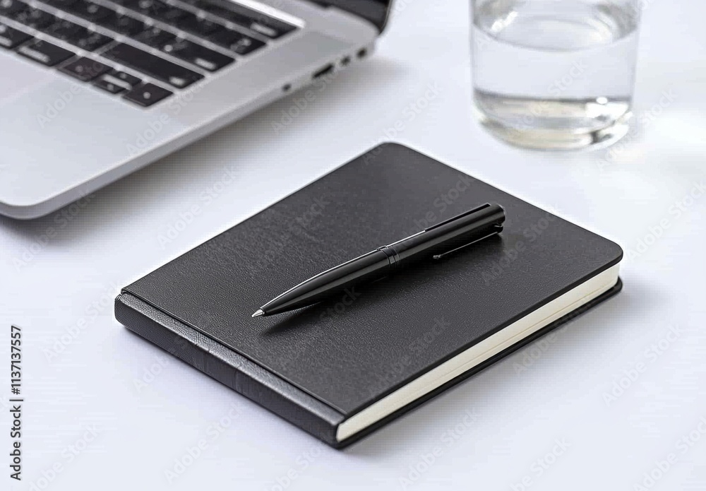 Black Notebook and Pen on Table Near Laptop and Water Glass Black Notebook and Pen on Table Near Laptop and Water Glass