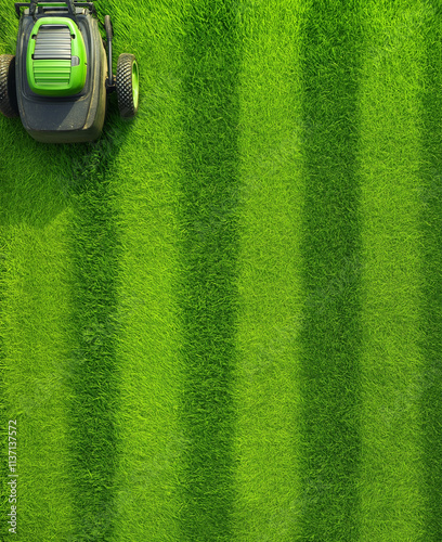 Illustration Lawn mower Green striped lawn Leaves beautiful stripes