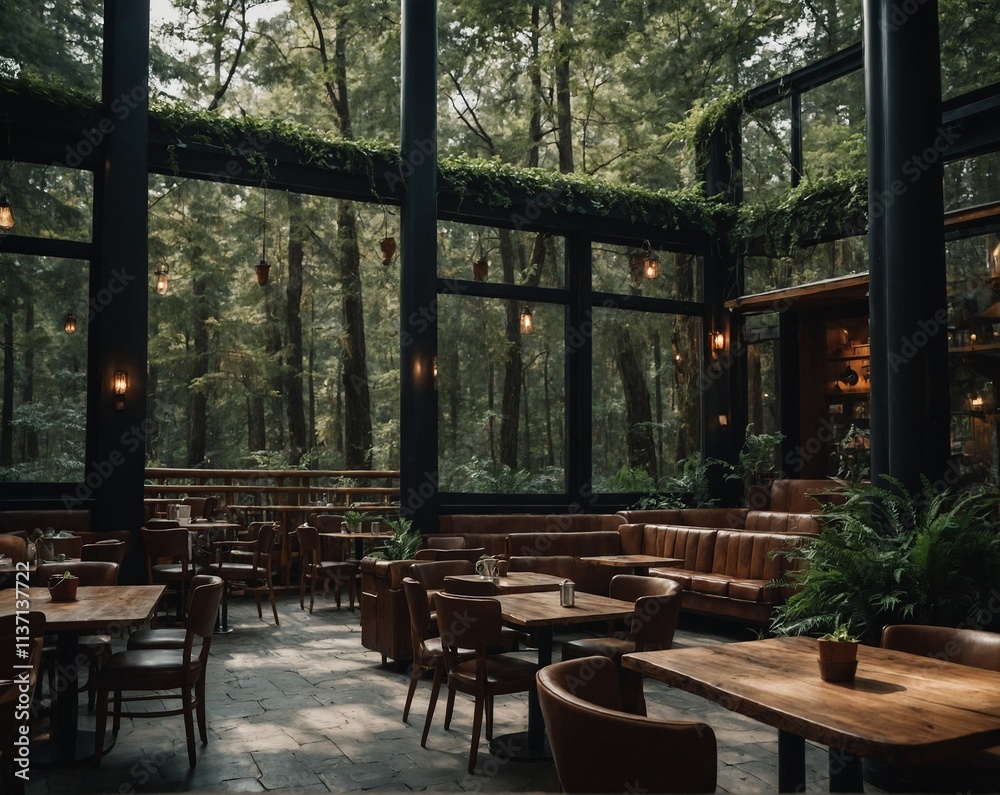 Fototapeta premium Modern restaurant interior with wooden tables and plants, featuring ample natural light and a sleek design for dining.