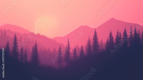 Pink Sunset Over Silhouetted Mountain Forest Landscape