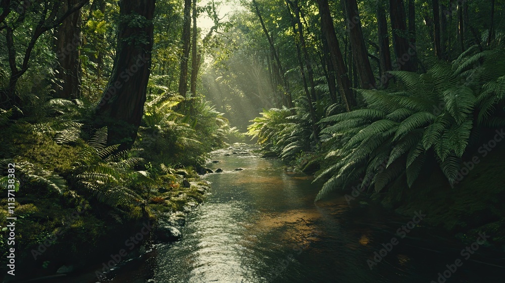 Obraz premium Forest view, lush trees, clean stream