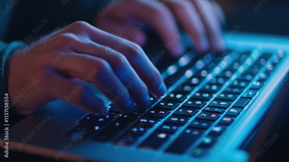 Close-Up of Hands Typing on a Backlit Laptop Keyboard at Night Close-Up of Hands Typing on a Backlit Laptop Keyboard at Night