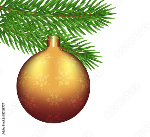 Merry Christmas poster card design. Christmas golden ball with patterns of snowflakes on a Christmas tree branch on a transparent background