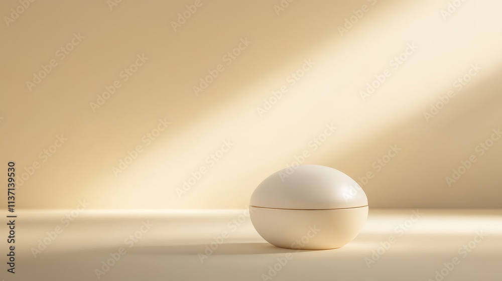 An elegant oval skincare container resting on a neutral-colored surface, gently illuminated by soft lighting. The minimalist presentation highlights the luxury and sophistication of the product, ideal An elegant oval skincare container resting on a neutral-colored surface, gently illuminated by soft lighting. The minimalist presentation highlights the luxury and sophistication of the product, ideal
