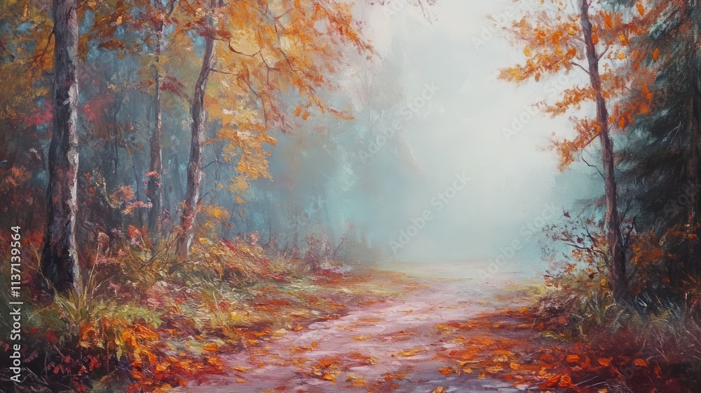 Autumnal Forest Path Misty Morning Scene Autumnal Forest Path Misty Morning Scene
