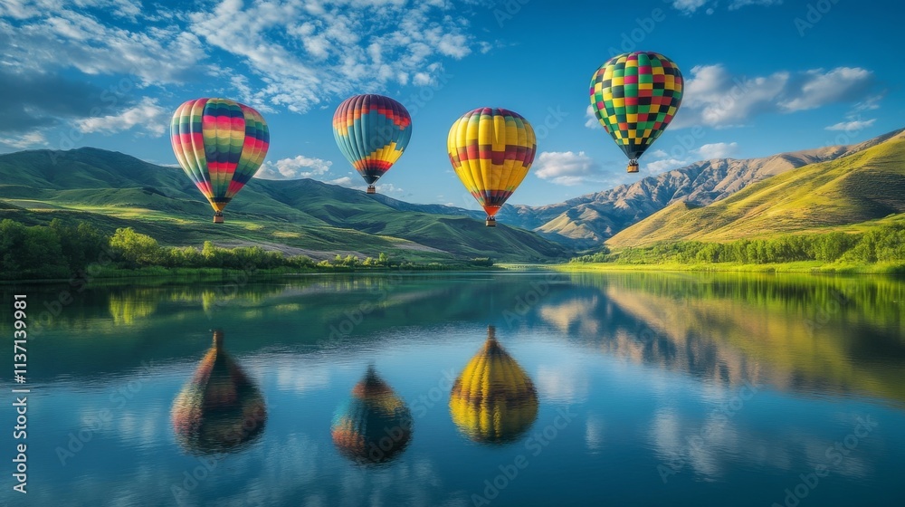 Fototapeta premium Four brightly colored hot air balloons float above a tranquil lake reflecting the surrounding lush green landscape. The morning light enhances the peaceful, dreamlike quality of the scene, creating a