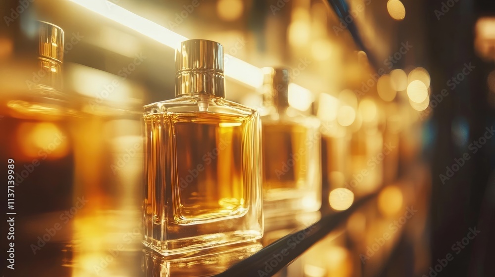Close-up view of various elegant crystal perfume bottles with gold-toned caps arranged on a glass display shelf