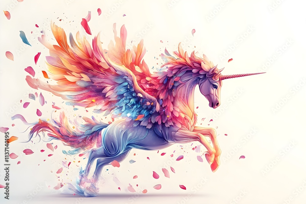 Fototapeta A white unicorn with a colorful mane in a fairy tale world horse, children, graphic, fantasy, pony, mane, rainbow, dream, fairy, mammal, mythology, print, silhouette, emblem, imagination, legend
