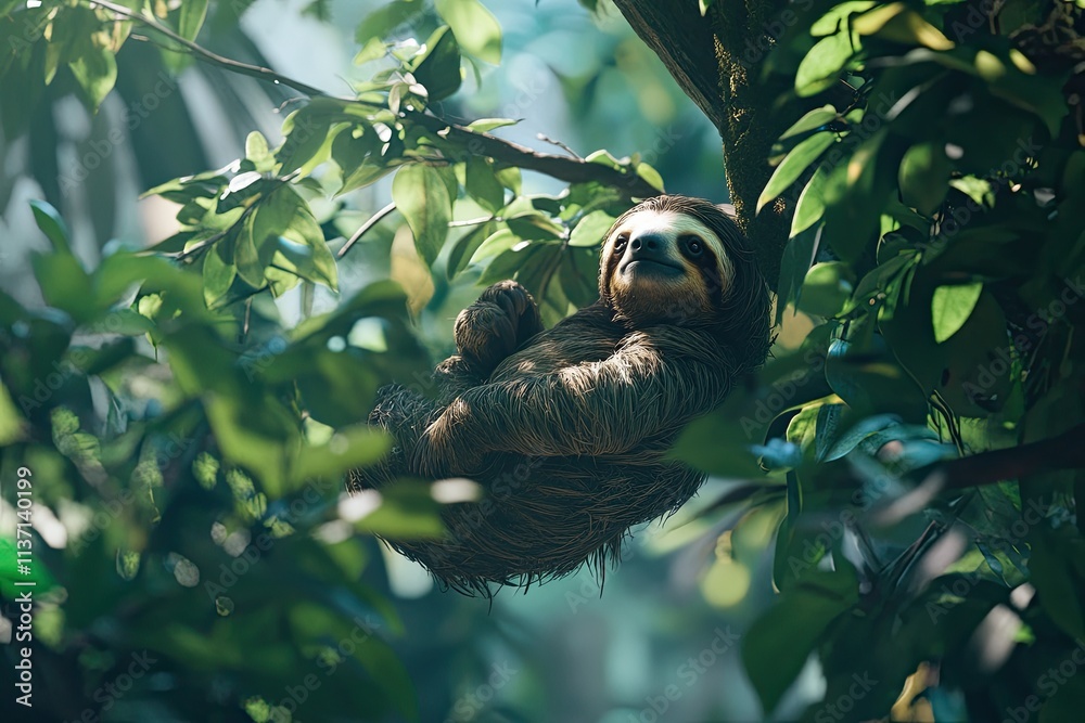 A sloth hanging from the branch of a tree in its natural habitat, with a background of green leaves A sloth hanging from the branch of a tree in its natural habitat, with a background of green leaves