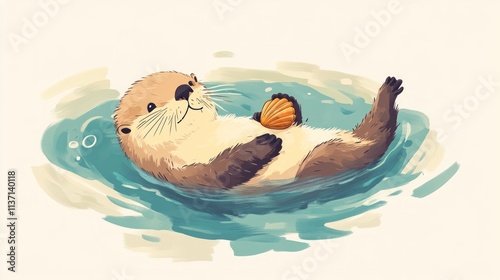 Happy Otter Floats In Ocean Water Holding Shell photo