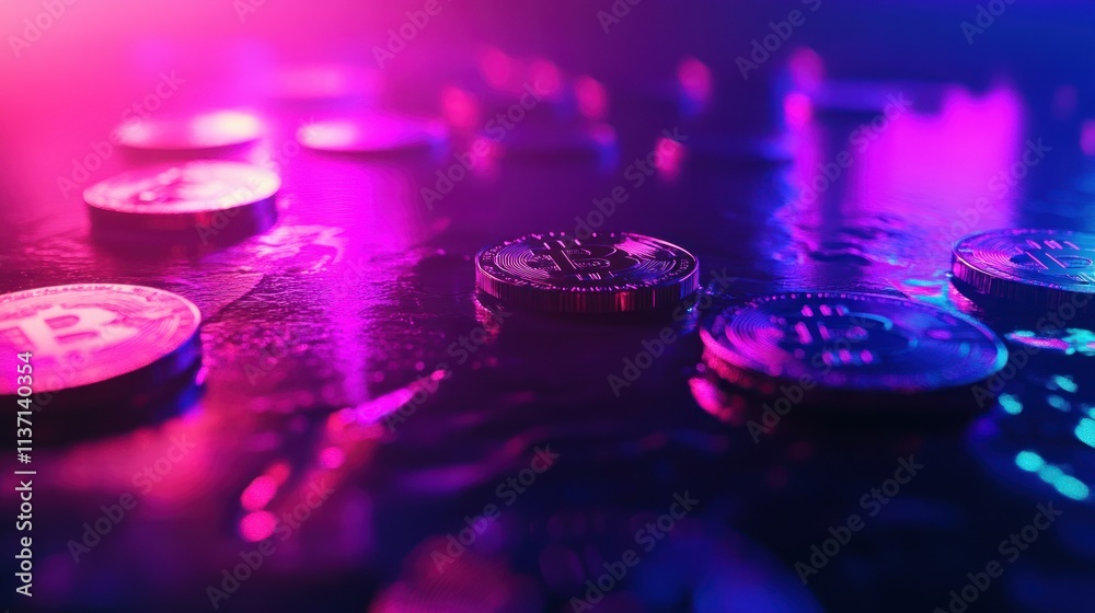 The coins of Bitcoin are on a dark Surface. Purple and pink neon light The coins of Bitcoin are on a dark Surface. Purple and pink neon light
