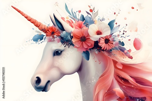 A white unicorn with a colorful mane in a fairy tale world horse, children, graphic, fantasy, pony, mane, rainbow, dream, fairy, mammal, mythology, print, silhouette, emblem, imagination, legend
