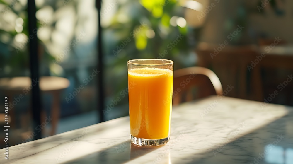 Glass of Orange Juice in Sunlight Cafe Setting Glass of Orange Juice in Sunlight Cafe Setting