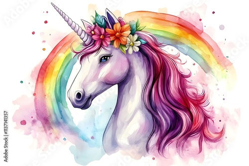 A white unicorn with a colorful mane in a fairy tale world horse, children, graphic, fantasy, pony, mane, rainbow, dream, fairy, mammal, mythology, print, silhouette, emblem, imagination, legend
