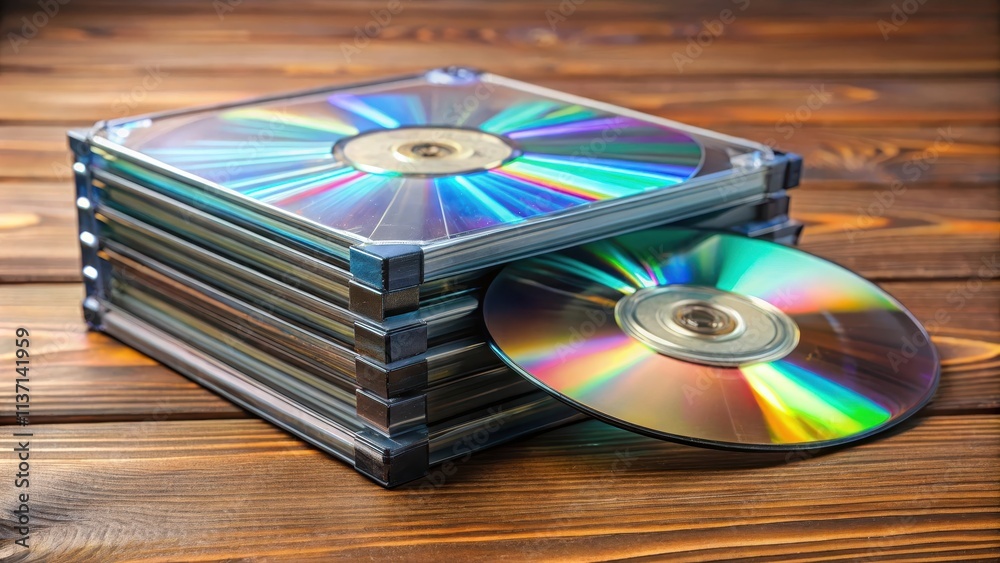 Fototapeta premium Optical disk and case in a stack of media on a table, optical disk, optical disc