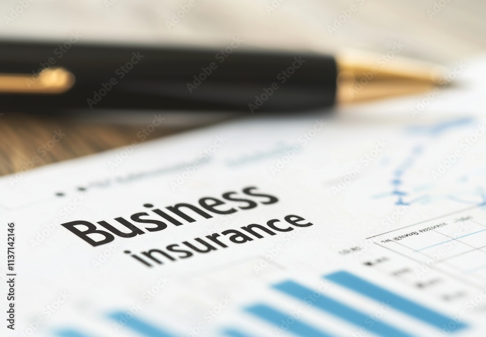 Business Insurance Overview with Graphs and Pen on Desk Business Insurance Overview with Graphs and Pen on Desk