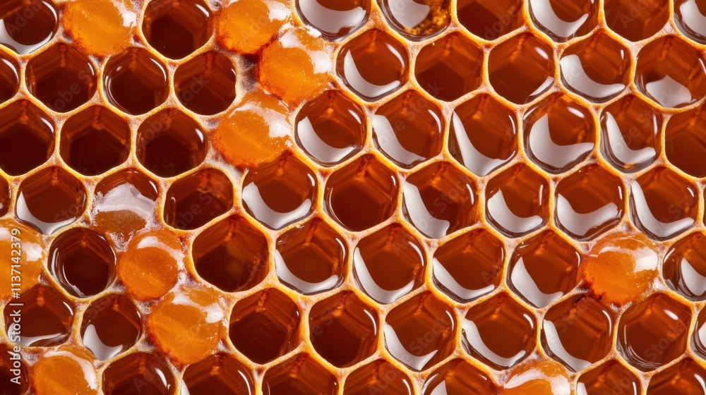 Detailed Close-Up of Honeycomb with Rich Amber Honey and Glowing Wax Cells Detailed Close-Up of Honeycomb with Rich Amber Honey and Glowing Wax Cells
