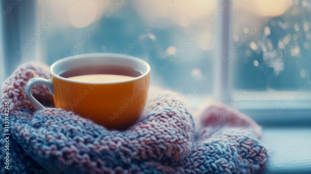 A yellow tea cup wrapped in a soft knit blanket sits by a frosted window on a cold winter morning. The warm tones and cozy atmosphere make it perfect for winter-themed or relaxing home decor imagery A yellow tea cup wrapped in a soft knit blanket sits by a frosted window on a cold winter morning. The warm tones and cozy atmosphere make it perfect for winter-themed or relaxing home decor imagery