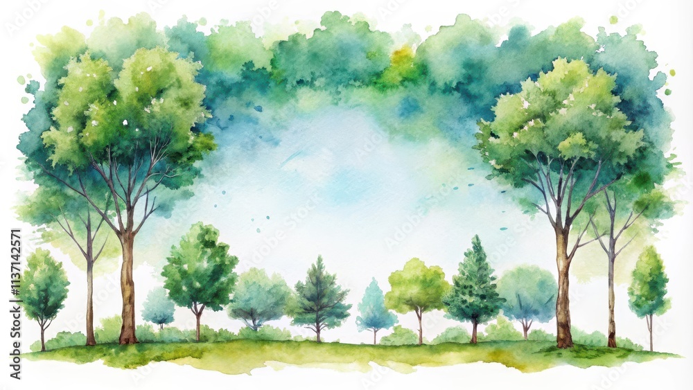 Fototapeta premium trees in watercolor frame, watercolor trees, tree silhouettes, forest landscape