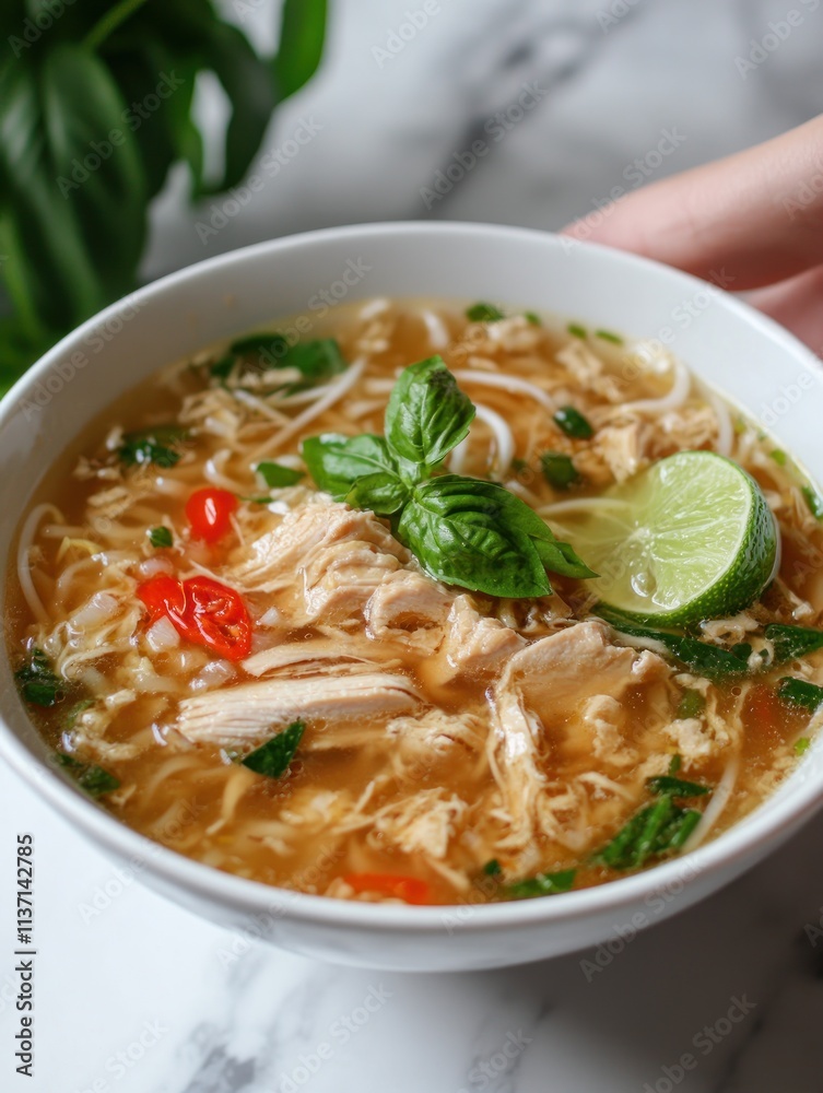 A bowl of chicken noodle soup garnished with herbs and lime, ready to be enjoyed. A bowl of chicken noodle soup garnished with herbs and lime, ready to be enjoyed.