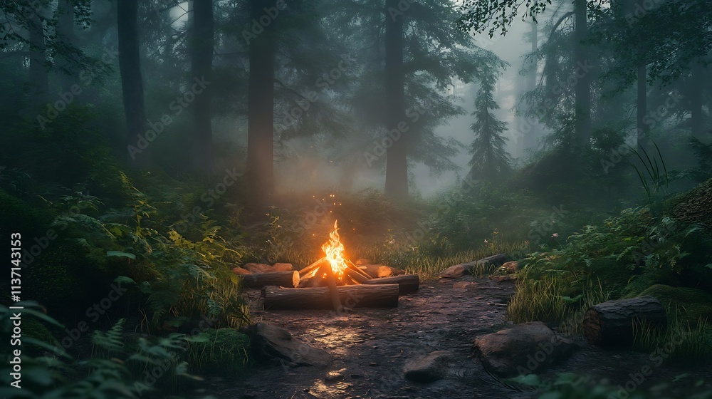Campfire glows in a misty forest at night Campfire glows in a misty forest at night