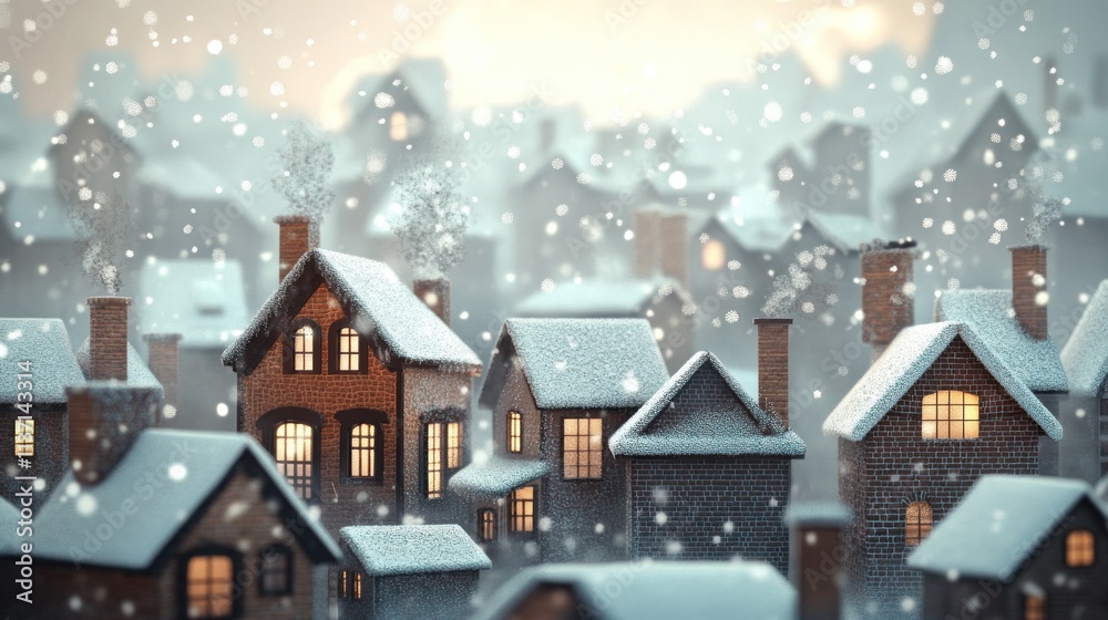 Fototapeta premium Snow Covered Village Houses Glowing With Warm Lights