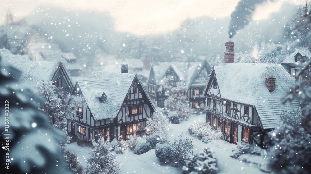 Fototapeta premium Snow covered village houses under a winter sky