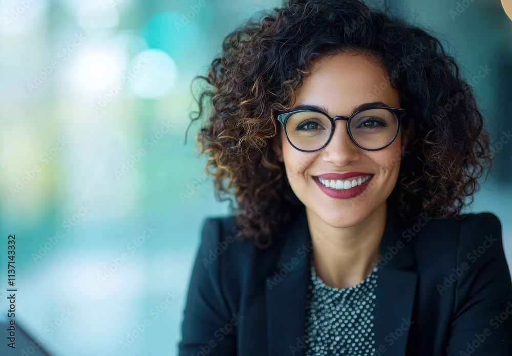 Confident Businesswoman Smiling in Modern Office Setting Confident Businesswoman Smiling in Modern Office Setting