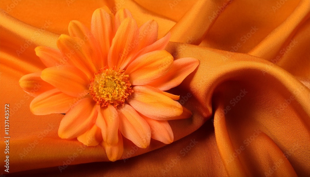 Orange Chrysanthemum Flower on a Draped Soft Orange Silk Fabric