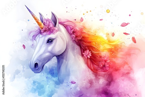 Cute watercolor girls set - Little princess
Magic unicorn in fantastic world with fluffy clouds and fairy meadows. Neural network AI-generated art
 photo