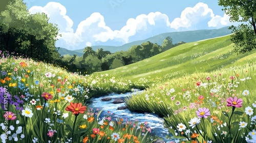 Serene Spring Meadow Landscape With Stream And Blossoms