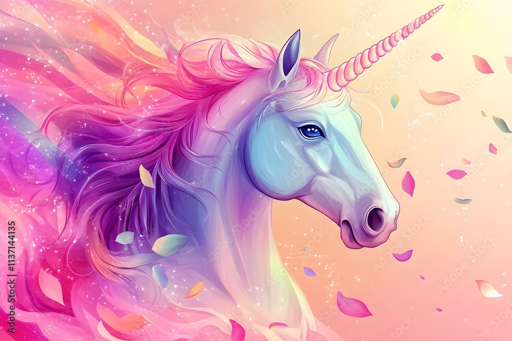 Fototapeta premium Cute watercolor girls set - Little princess Magic unicorn in fantastic world with fluffy clouds and fairy meadows. Neural network AI-generated art 