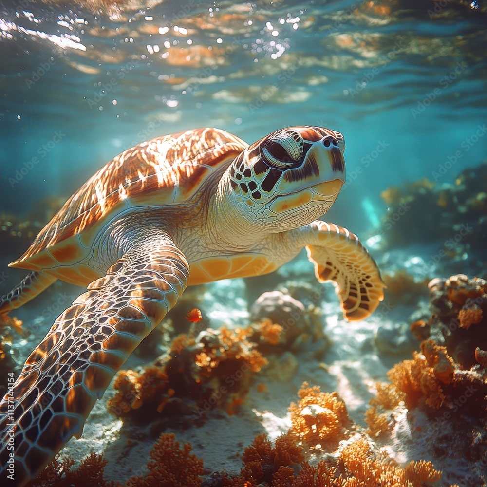 Fototapeta premium Sea turtle swimming through a coral reef, a vibrant display of colorful marine life.