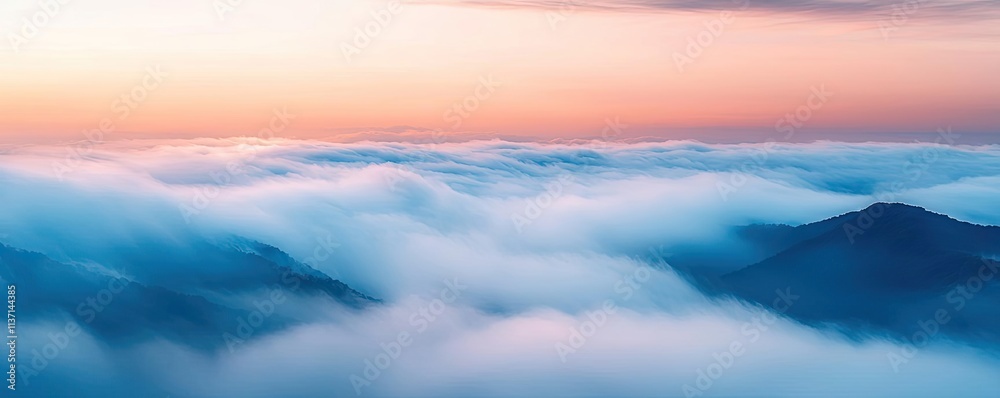 Mysterious fog concept. A serene landscape of mountains blanketed by soft clouds at sunrise. Mysterious fog concept. A serene landscape of mountains blanketed by soft clouds at sunrise.
